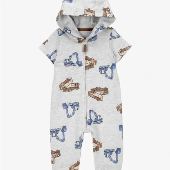 Gray Hooded Baby Romper with Construction Print - Picture 3 of 4